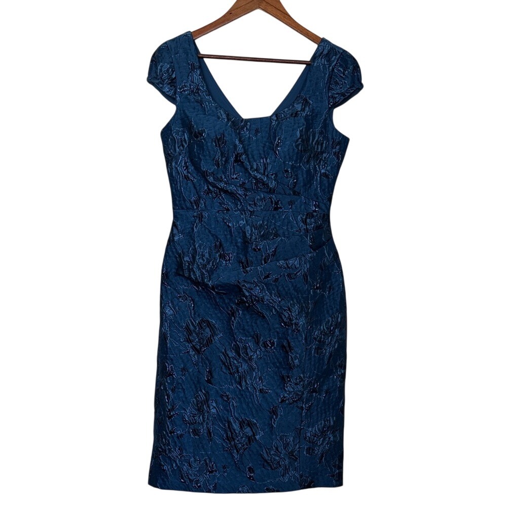 JS Collections Lapis Blue Jacquard Sheath Dress Cap Sleeve Sz 6 Formal Cocktail